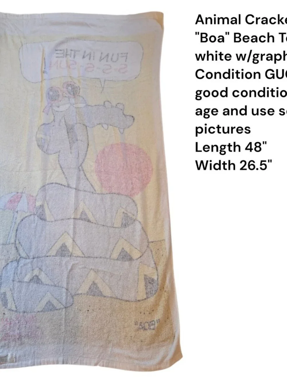 Vintage Animal Crackers Towel Boa The Constrictor Fun In The Sun Beach Ocean